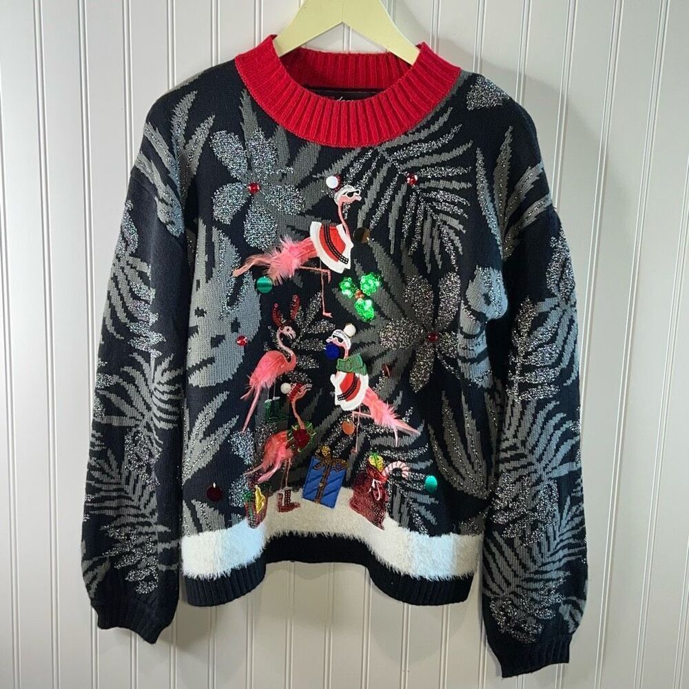 Pink Flamingo Christmas Sweater Womens S Tropical Holiday Sequin Embroidered